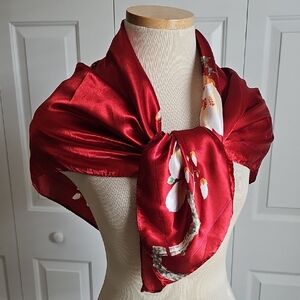 Elegant Red Silk Floral Scarf. No Brand. 34" Square.